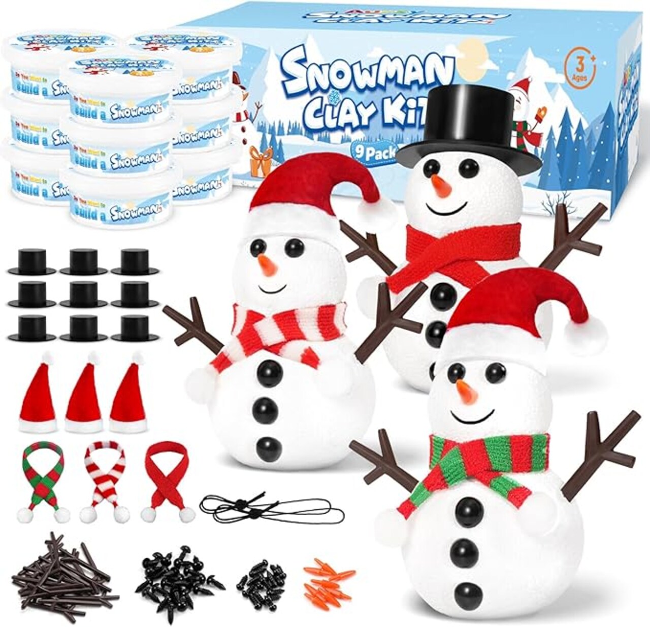 Christmas Crafts for Kids, 9 Pack DIY Build a Snowman Kit for Kids, Christmas Gifts for Kids, Stocking Stuffers for Kids, DIY Air Dry Modeling Clay Snowman, Decor Creative Xmas Crafts Gift